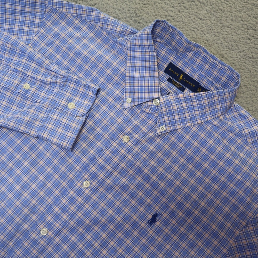 Ralph Lauren‎ XXL Blue Orange Plaid Stretch Cotton Button Down Shirt Long Slv